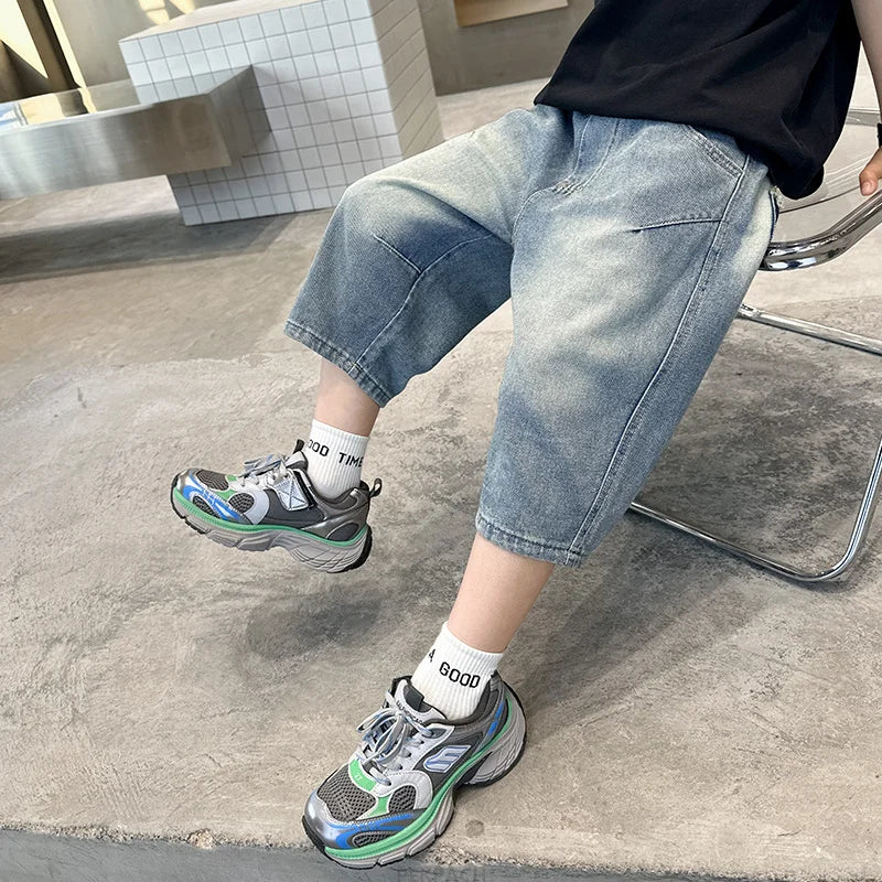 New Kids Designer Summer Capris Shorts For Boys Cartoon Print Denim Shorts Jeans Teens Child Casual Mid-Calf Pants Bottoms 5-14Y