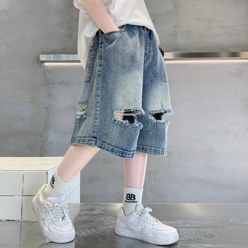Loose Style Teen Boys Casual Ripped Denim Shorts with Holes Kids Causal Summer Broken Shorts Child Baggy Destroyed Short Jeans