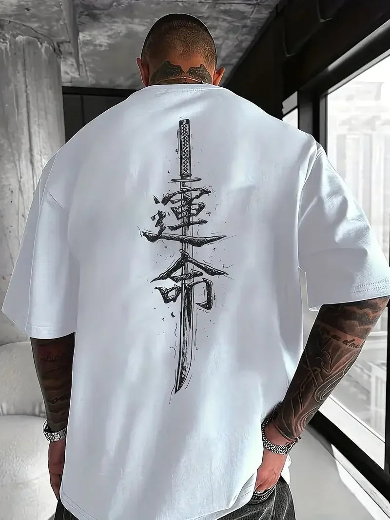 Men's Word Graphic Cotton Short Sleeve T-Shirt Custom Loose Fit Japanese Samurai Sword Design Tee Comfortable Casual Streetwear