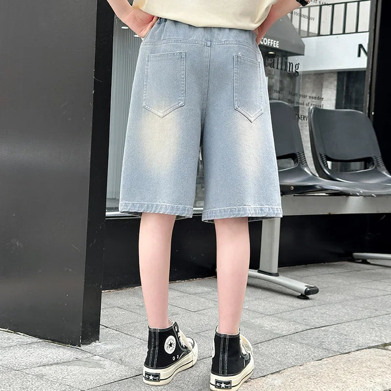 Summer Children Denim Shorts with Drawings for Teen Girl Fashion Printed Knee Length Jeans Capris Age 5 6 7 8 9 10 11 12 13 14 Y