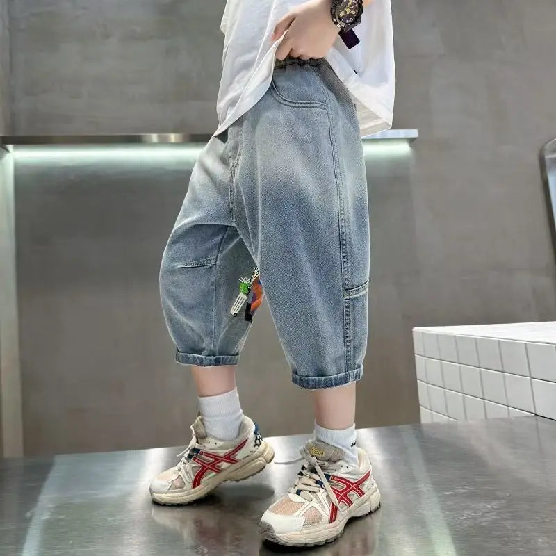 New Fashion Kids Denim Shorts For Boys Summer Hot Sale Cartoon Capris Jeans Teens Children Casual Shorts Bottom Mid-Calf Pants