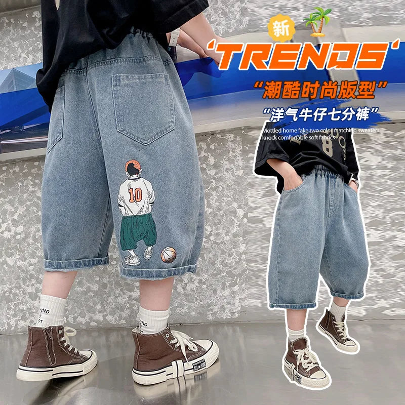 Boys Denim Shorts Summer Tween Children's Loose Teen Five-Quarter Pants High Quality Boys Clothes Short Jeans 5-14 Years
