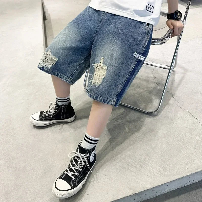 New 2025 Boys Summer Thin Denim Five-point Pants Kids Trendy Ripped Denim Shorts Trousers Teen Casual Jeans Children's Clothing