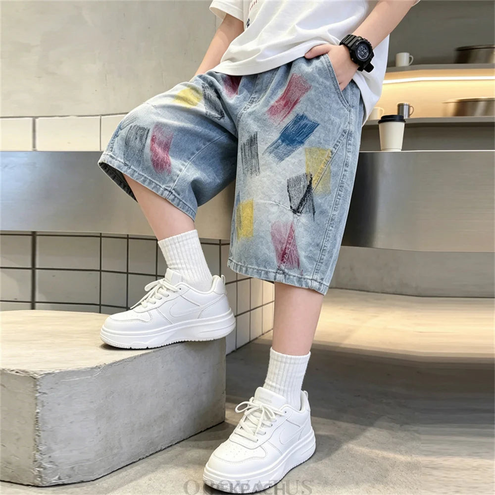 Summer Children Graffiti Print Baggy Denim Shorts for Teen Boys Streetwear Bottoms Kids Casual Knee Length Shorts With Drawings