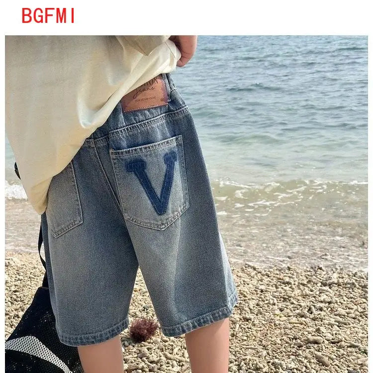 Teen Boys Korean Style Denim Shorts Child Casual Straight Jeans Capris Kids Summer Calf Pants 4-14Y Teenage Casual Short Pants