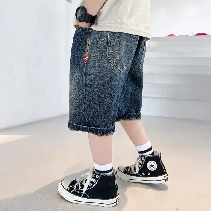 Teen Boys Korean Style Denim Shorts Child Casual Straight Jeans Capris Kids Summer Calf Pants 4-14Y Teenage Casual Short Pants