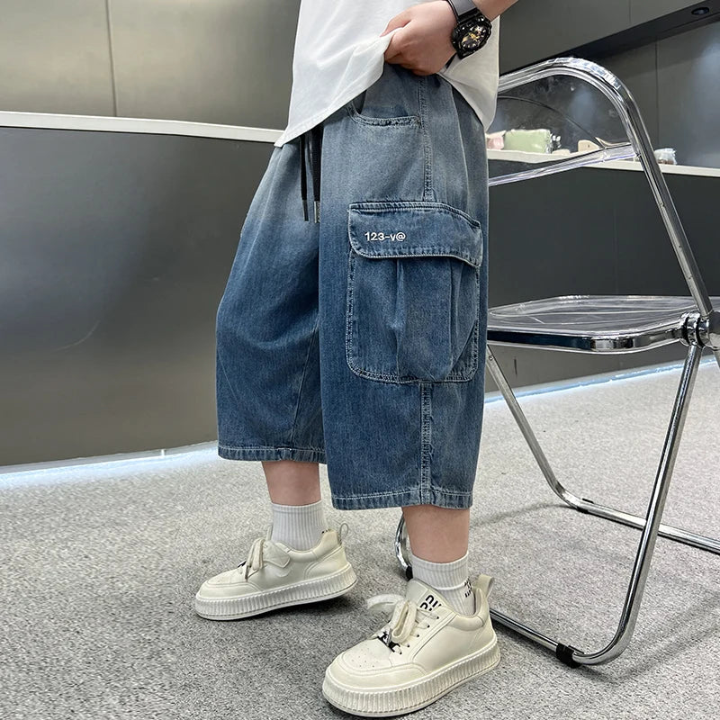Summer Fashion Boys Denim Teen Boys Capri Jeans Tween Child Y2k Style+Tie-Dye Design Trousers Toddler Casual Pants Ages 4-14Y