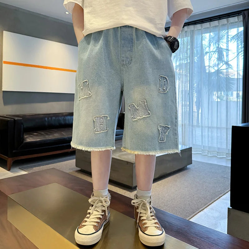 Teenage Child Blue Denim With Y2K Fashion Style Trousers Toddler Ages 4-14Y Boys Denim Shorts Teen Boys Casual Knee-Length Jeans