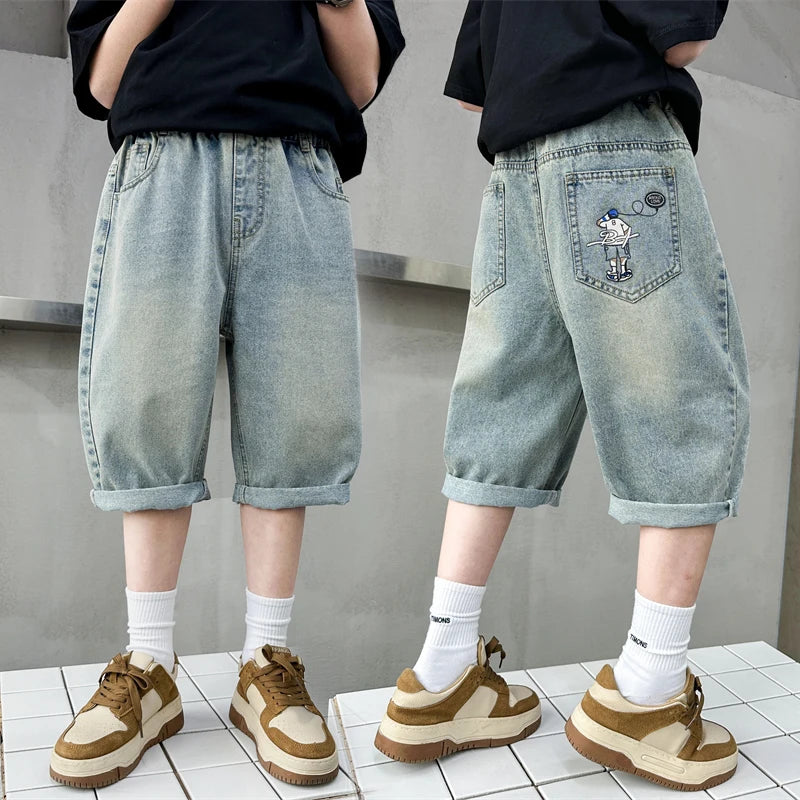 Hot Sale Kids Designer Summer Denim Shorts Pants for Teens Boy Casual Mid-Calf Jeans Solid Color Child Fashion Short Pants 5-14Y
