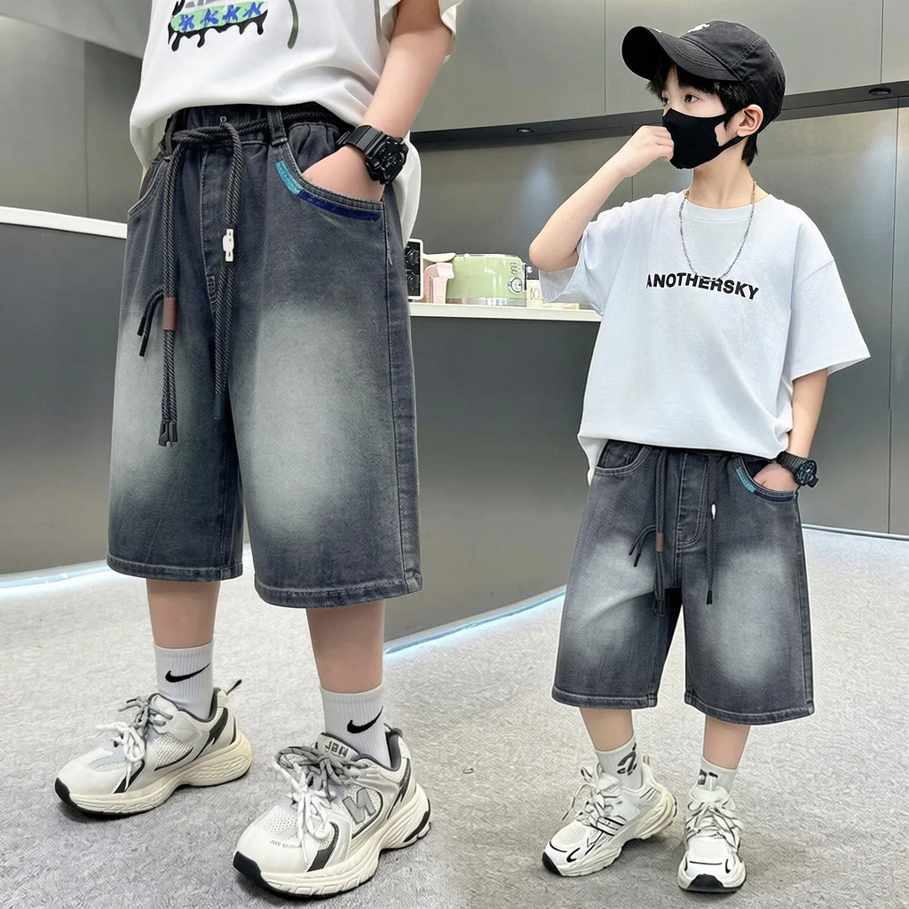 New Summer Boys' Gradient Denim Shorts Teen Childen American Streetwear Brand Short Pants Trendy Kids Casual Knee-Length Jeans