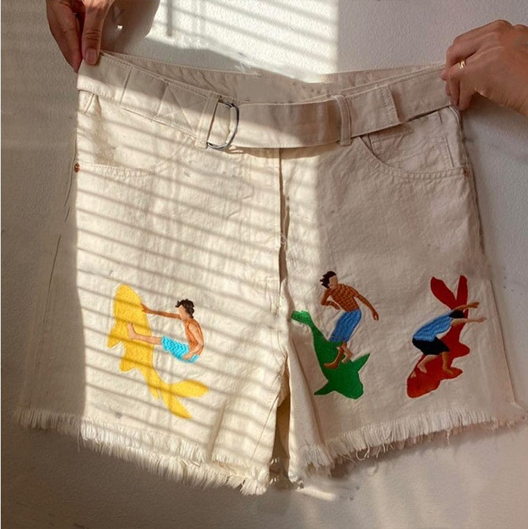American Retro Embroidered White Denim Shorts