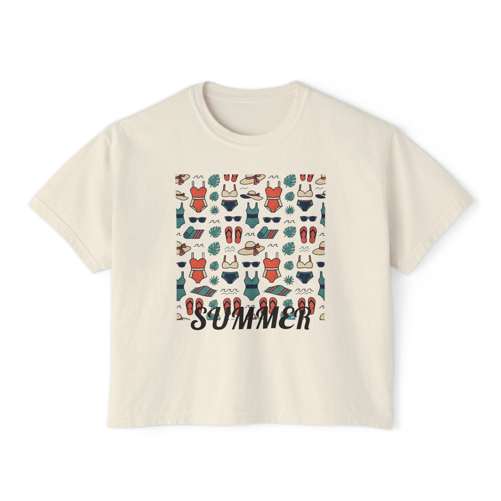 Summer Swimwear Pattern Boxy Tee — "Summer" Graphic Women's Shirt