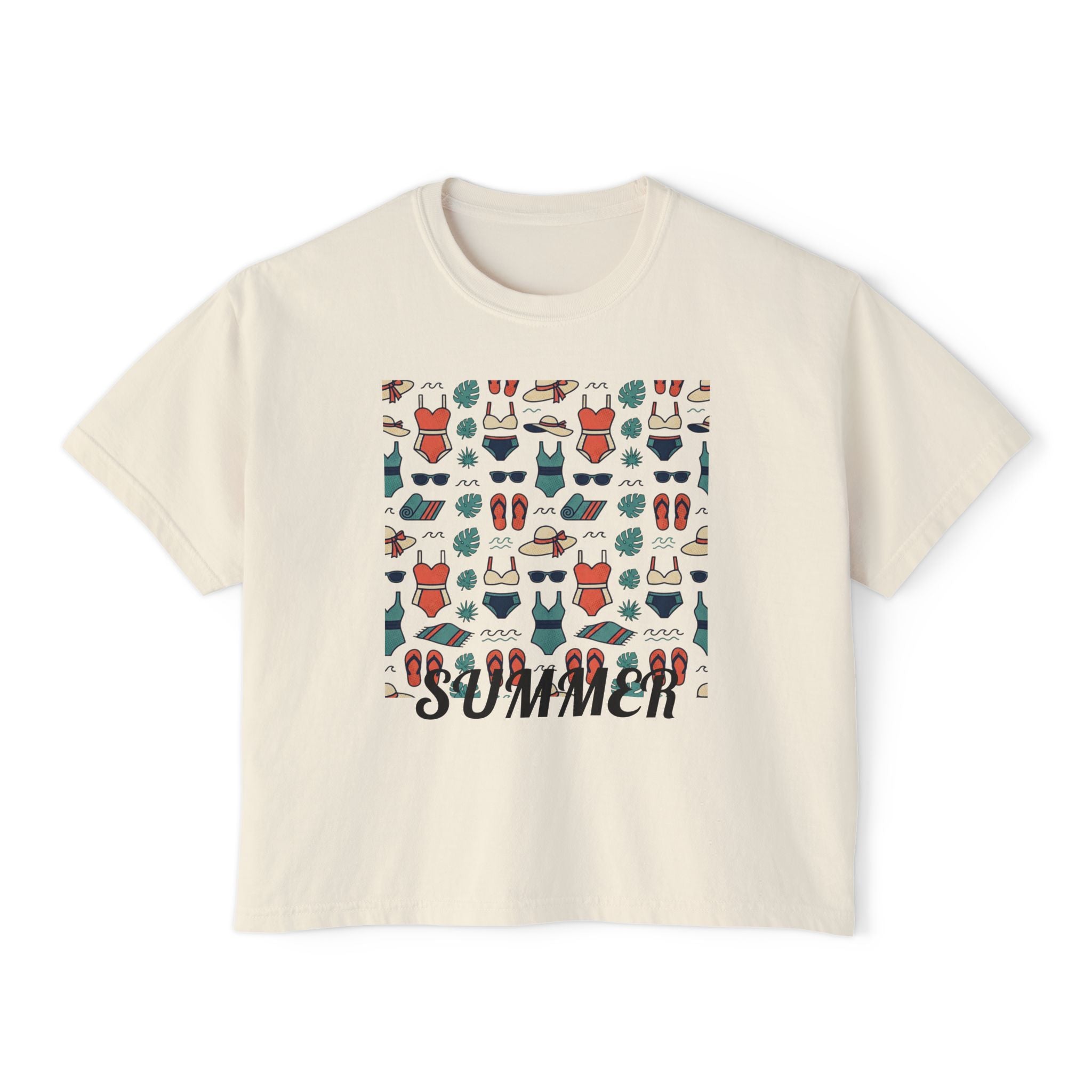 Summer Swimwear Pattern Boxy Tee — "Summer" Graphic Women's Shirt