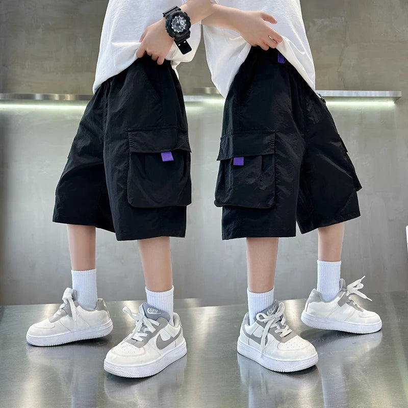 Elegant Kids Black Purple Color Cargo Short with Big Pocket for Teens Boy Casual Short Cargo Pants Tweens Child Summer Bottoms