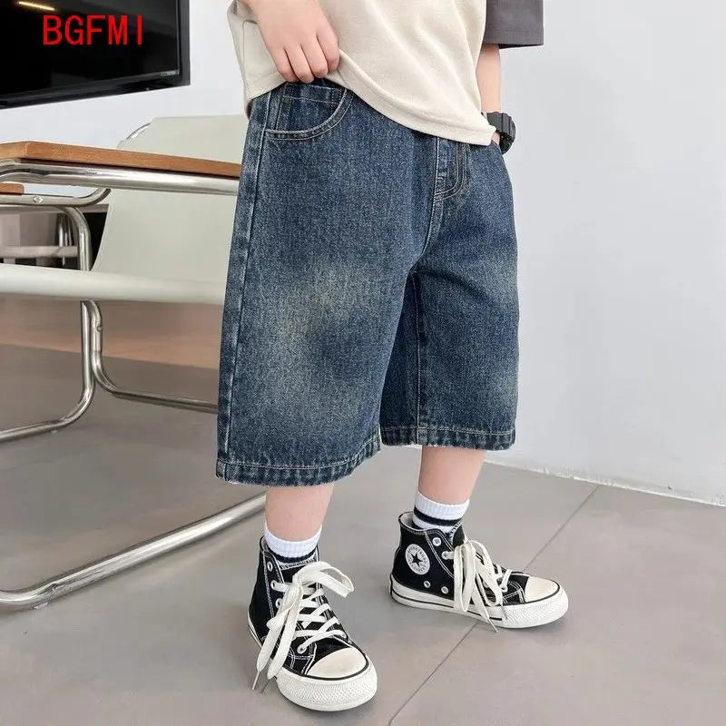 Teen Boys Korean Style Denim Shorts Child Casual Straight Jeans Capris Kids Summer Calf Pants 4-14Y Teenage Casual Short Pants