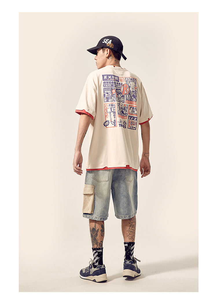 Men's distressed stitching loose denim shorts