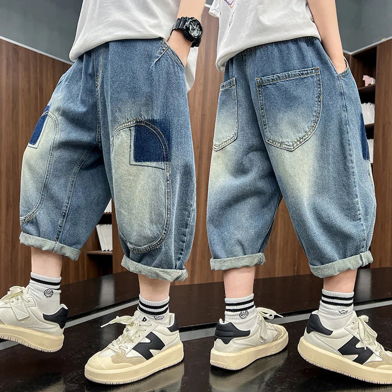 Kids Denim Shorts Teen Boys Casual Knee-Length Jeans Teenage Child Blue Denim With Cartoon Printed Trousers Toddler Ages 4-14Y