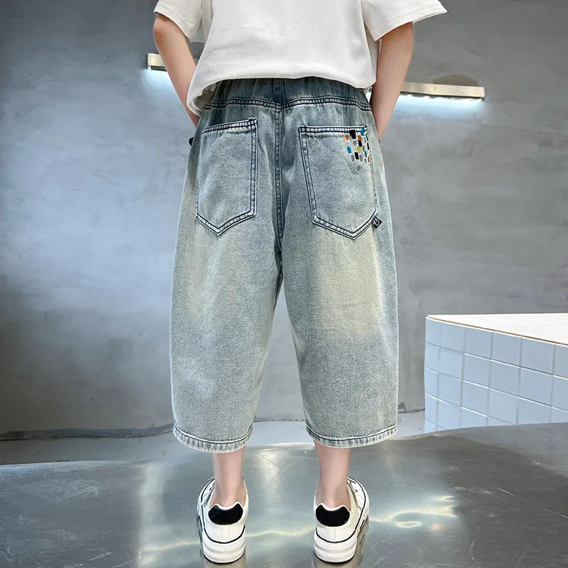 Korean Kids Casual Denim Shorts For Tween Boy Summer Clothes Costume Teens Child Print Baggy Capris Jeans Pants with Drawstring