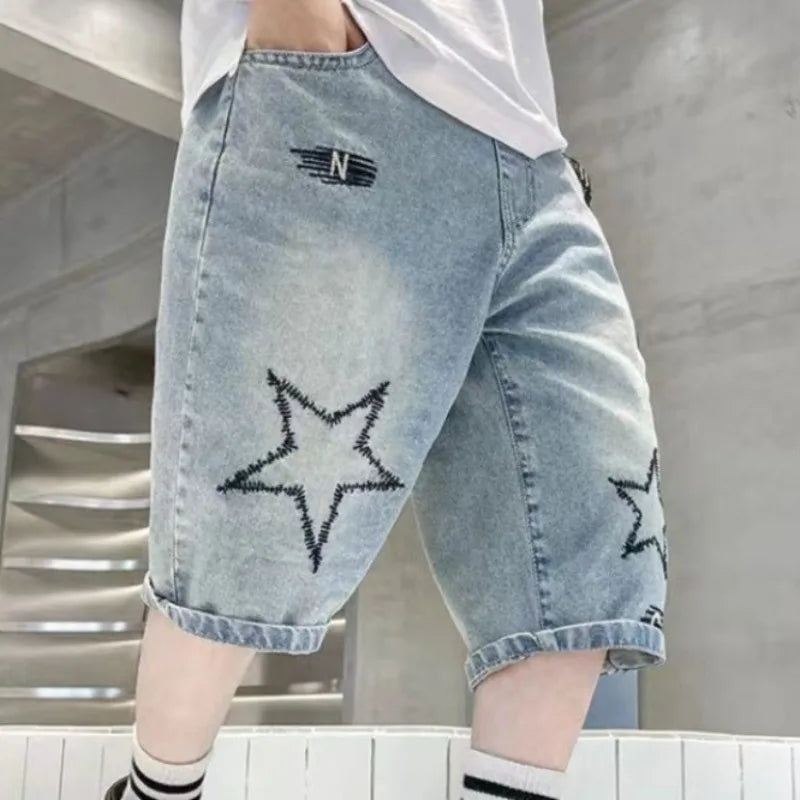 2026 New Boys' Denim Shorts Lightweight Summer Toddler To Teen Loose Fit Mid Length 7/8 Shorts Cotton Blend Hot Sale