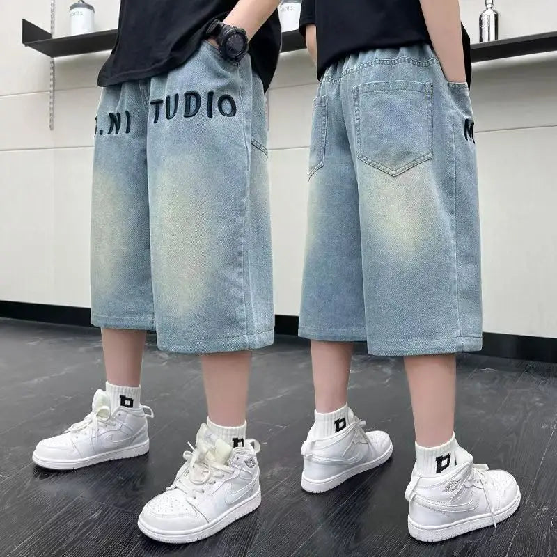 Teens Boys Letter Embroidered Mid- Denim Shorts 2025 New Child Summer Three-dimensional Cut Loose Fifth Pants Kids Casual Shorts