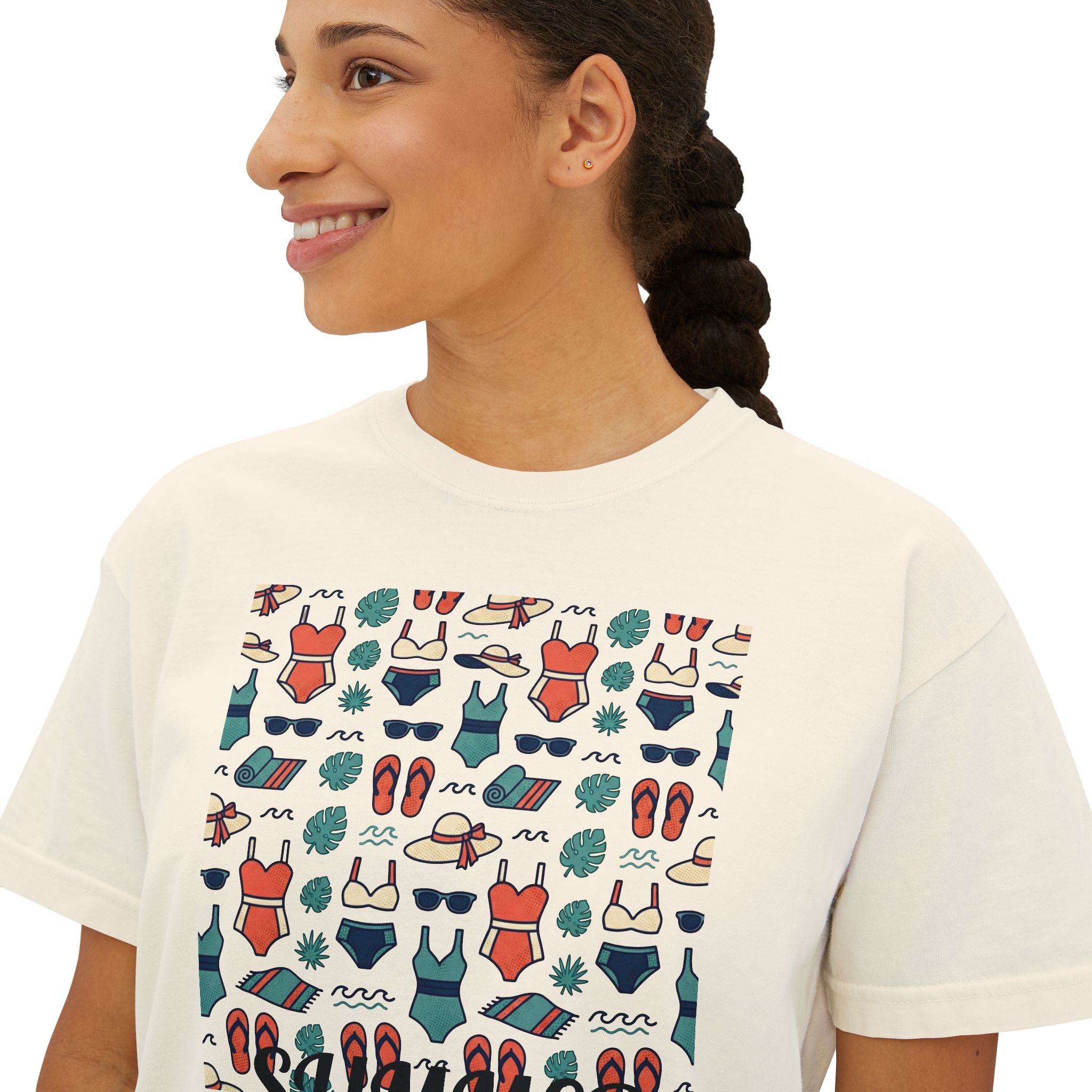 Summer Swimwear Pattern Boxy Tee — "Summer" Graphic Women's Shirt