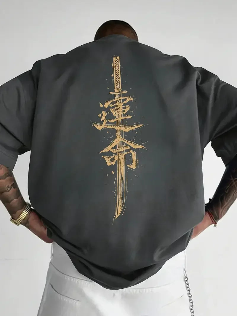 Men's Word Graphic Cotton Short Sleeve T-Shirt Custom Loose Fit Japanese Samurai Sword Design Tee Comfortable Casual Streetwear