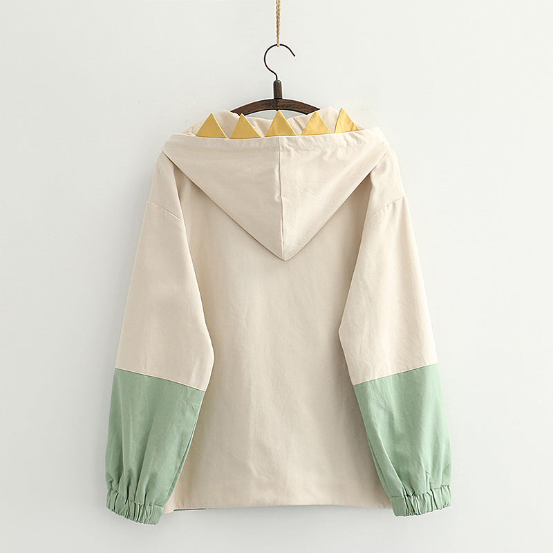 Harajuku Style Dinosaur Embroidered Hooded Jacket
