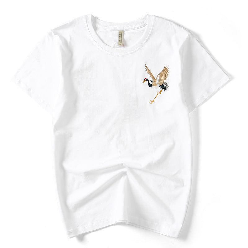 Vintage ethnic cotton embroidered crane t-shirt