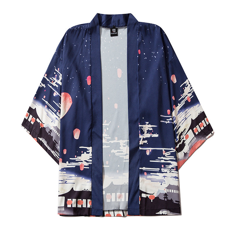 Ukiyo-e Sky Lantern Retro Cardigan Kimono Bathrobe Loose Chinese Style