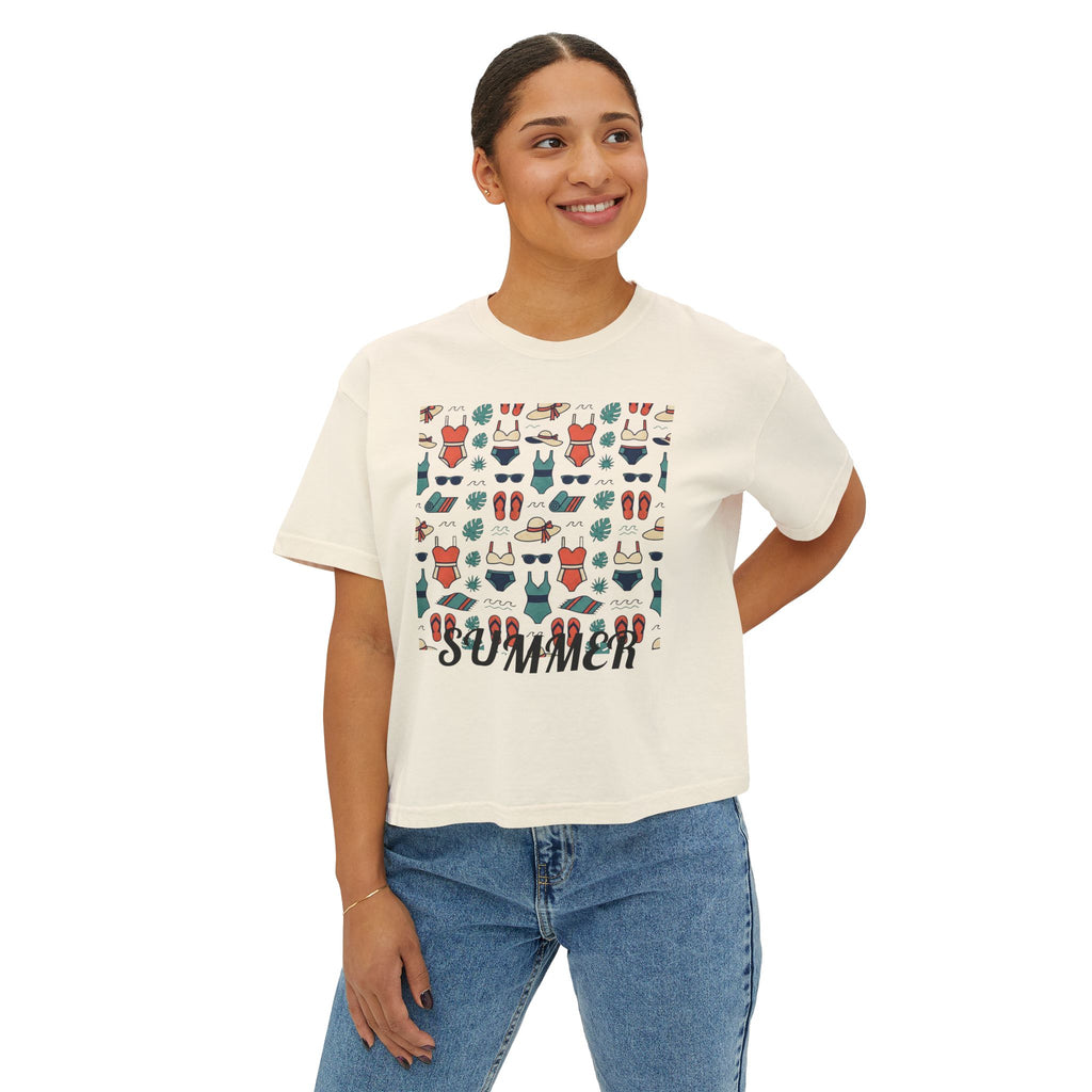 Summer Swimwear Pattern Boxy Tee — "Summer" Graphic Women's Shirt