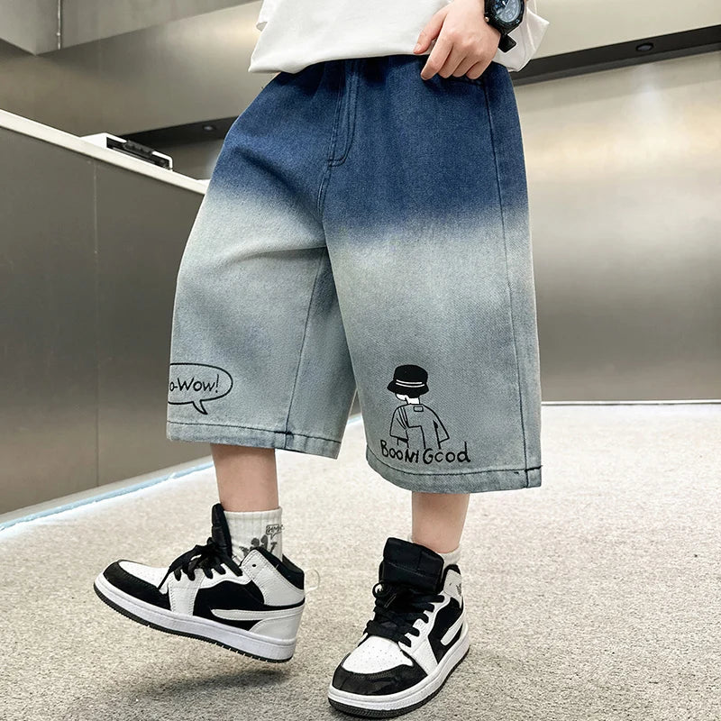 Elegant Kids Summer Blue Gradient Denim Shorts for Teens Boy New Fashion Street Style Knee Length Jeans Shorts 5 7 9 11 13 14 Y