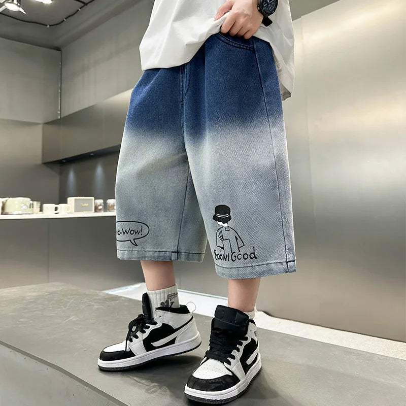 Elegant Kids Summer Blue Gradient Denim Shorts for Teens Boy New Fashion Street Style Knee Length Jeans Shorts 5 7 9 11 13 14 Y
