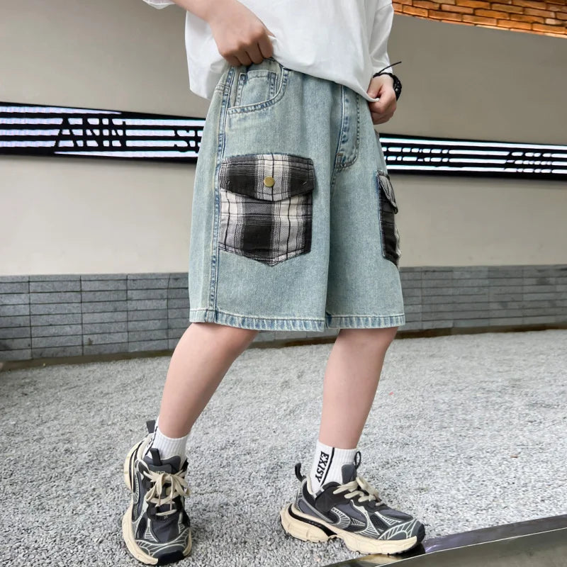 2025 New Kids Child Unique Designer Summer Denim Shorts with Plaid Pocket for Teens Boy Casual Jeans Cargo Shorts 5 7 9 11 13 14