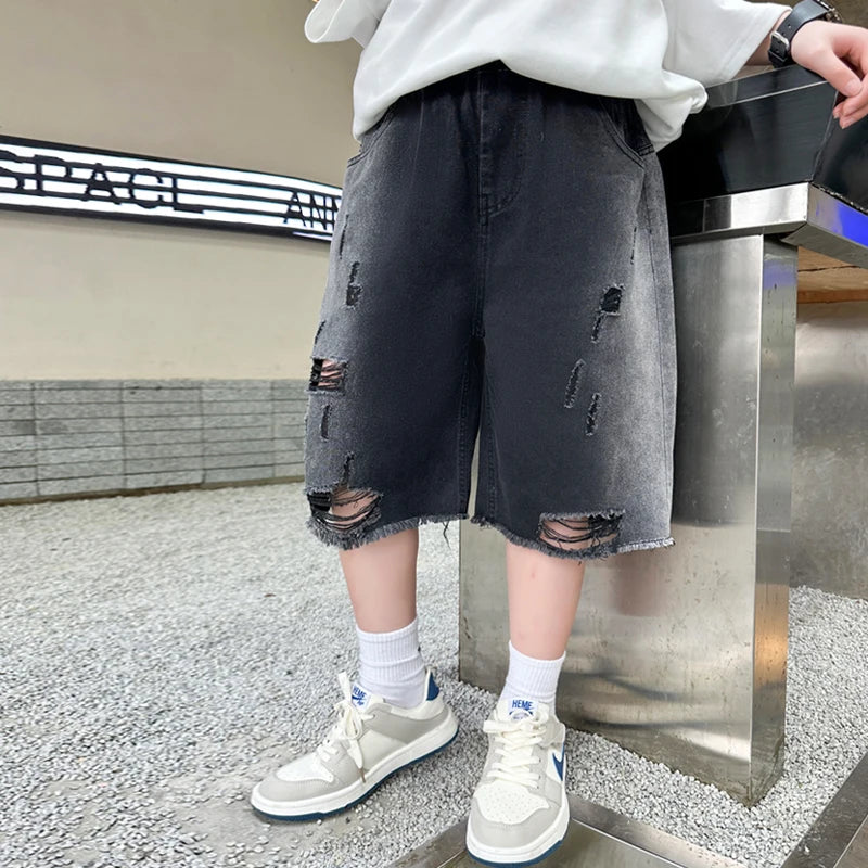 Fashion Design Tween Boy Ripped Denim Shorts with Hole For Teen Child Casual Knee-Length Black Jeans Kids Destroy Broken Shorts
