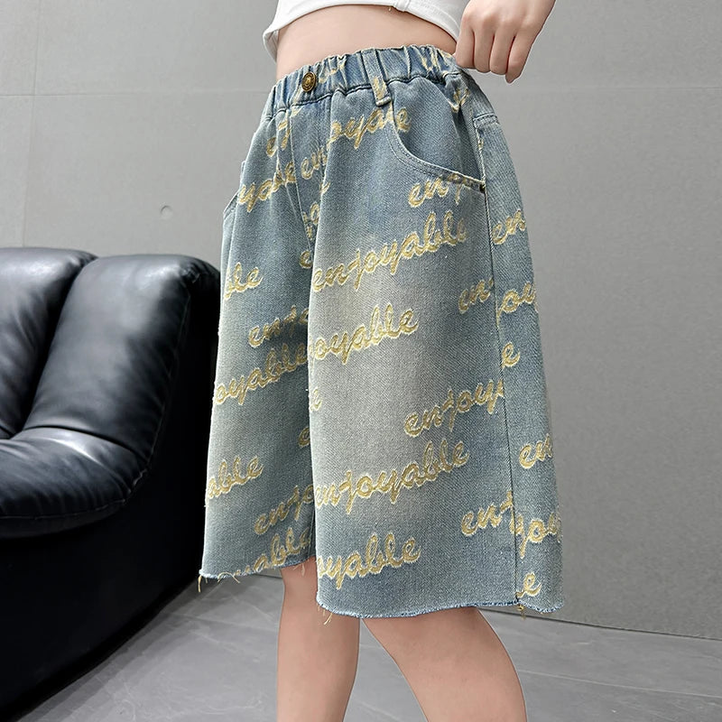 Kids Summer Letter Rippedd Denim Shorts for Teens Girl Loose Luxury Shorts 3d Letter Casual Harajuku Jeans Capris Pants 5-14 Y