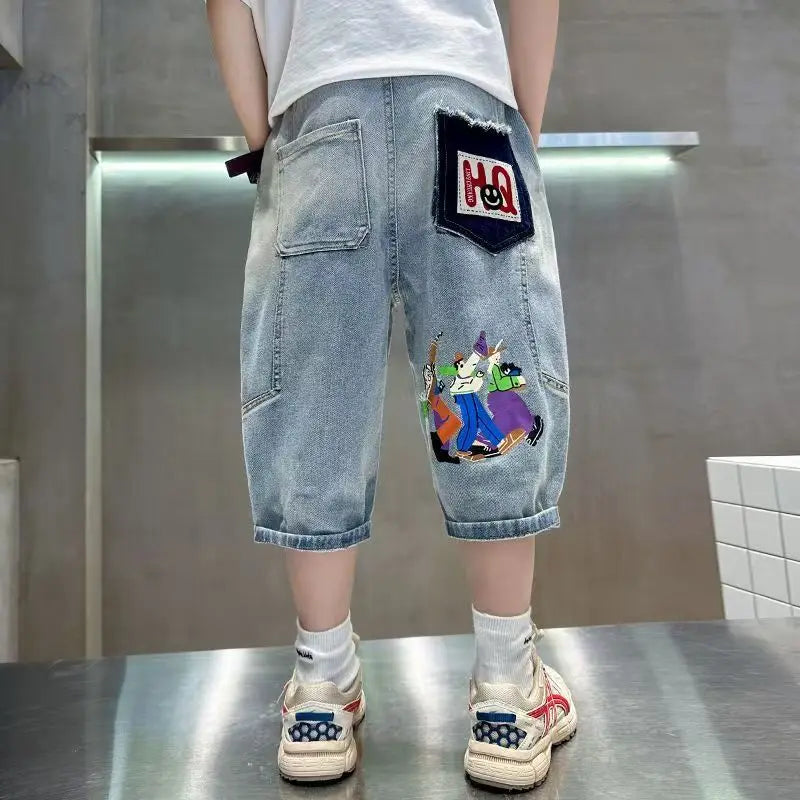 New Fashion Kids Denim Shorts For Boys Summer Hot Sale Cartoon Capris Jeans Teens Children Casual Shorts Bottom Mid-Calf Pants