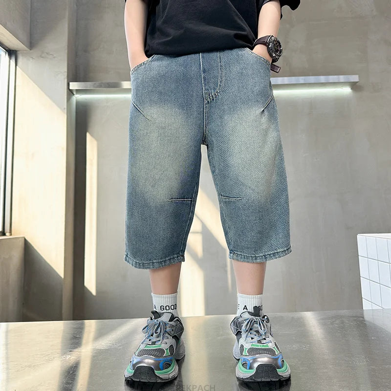 New Kids Designer Summer Capris Shorts For Boys Cartoon Print Denim Shorts Jeans Teens Child Casual Mid-Calf Pants Bottoms 5-14Y