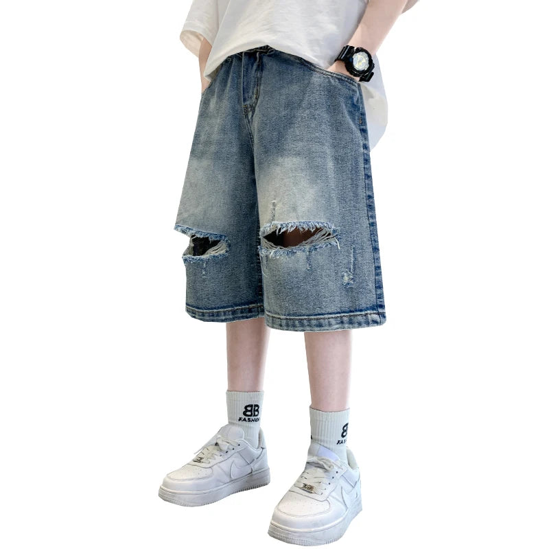 Loose Style Teen Boys Casual Ripped Denim Shorts with Holes Kids Causal Summer Broken Shorts Child Baggy Destroyed Short Jeans