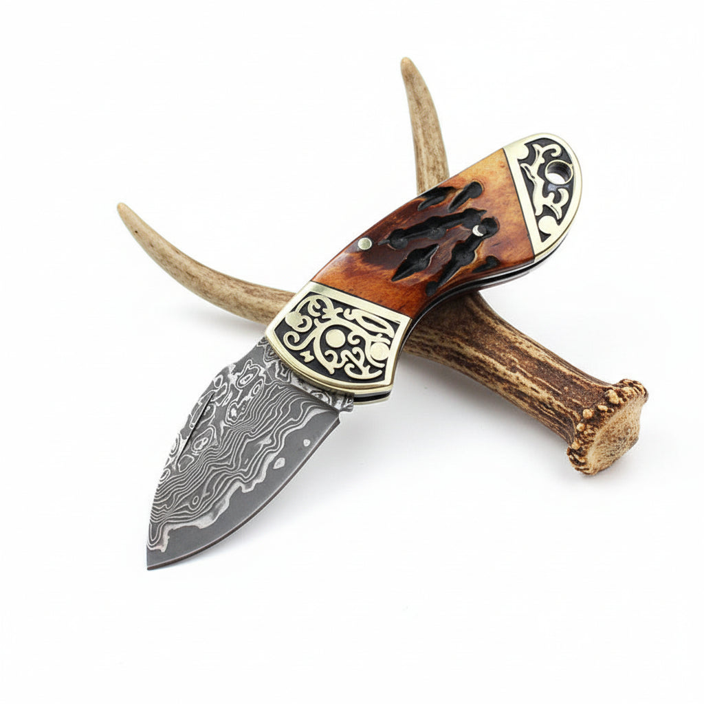 Damascus Steel Folding Knife – Brown Bone & Brass Handle Pocket Knife for Men | EDC Gift Knife