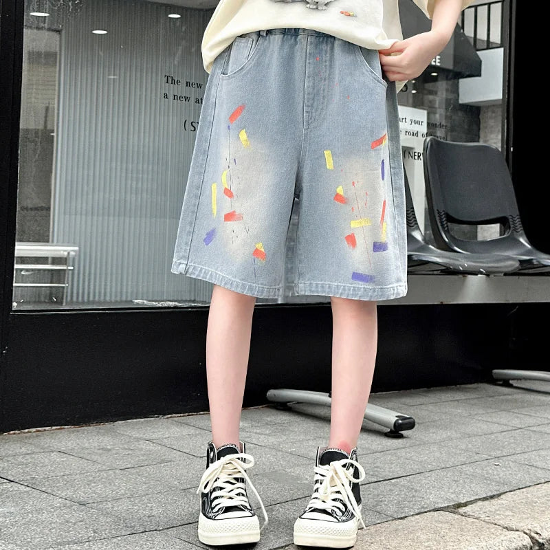 Summer Children Denim Shorts with Drawings for Teen Girl Fashion Printed Knee Length Jeans Capris Age 5 6 7 8 9 10 11 12 13 14 Y