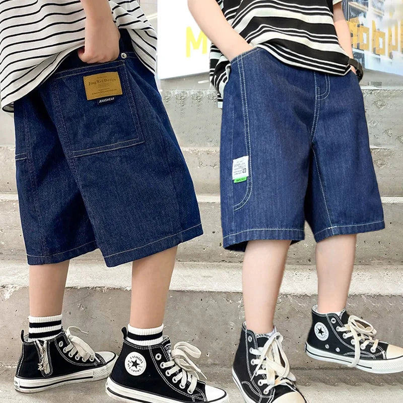 Kids Summer Denim Shorts for Boys 4-14 Years Thin Loose Sports Knee-Length Casual Sweatpants Teenagers Straight Middle Pants