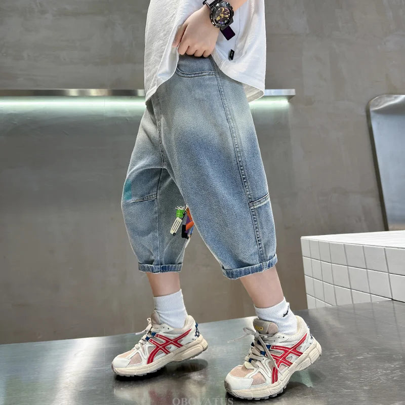 New Fashion Kids Denim Shorts For Boys Summer Hot Sale Cartoon Capris Jeans Teens Children Casual Shorts Bottom Mid-Calf Pants