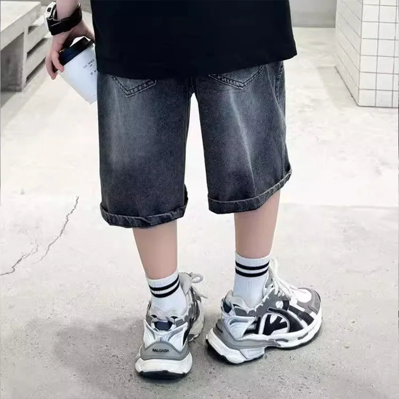 Boys Summer Fashion Ripped Denim Shorts 5-14 Years Kids Cool Big Pocket Cargo Pants Teen Casual Loose Knee-Length Sweatpants