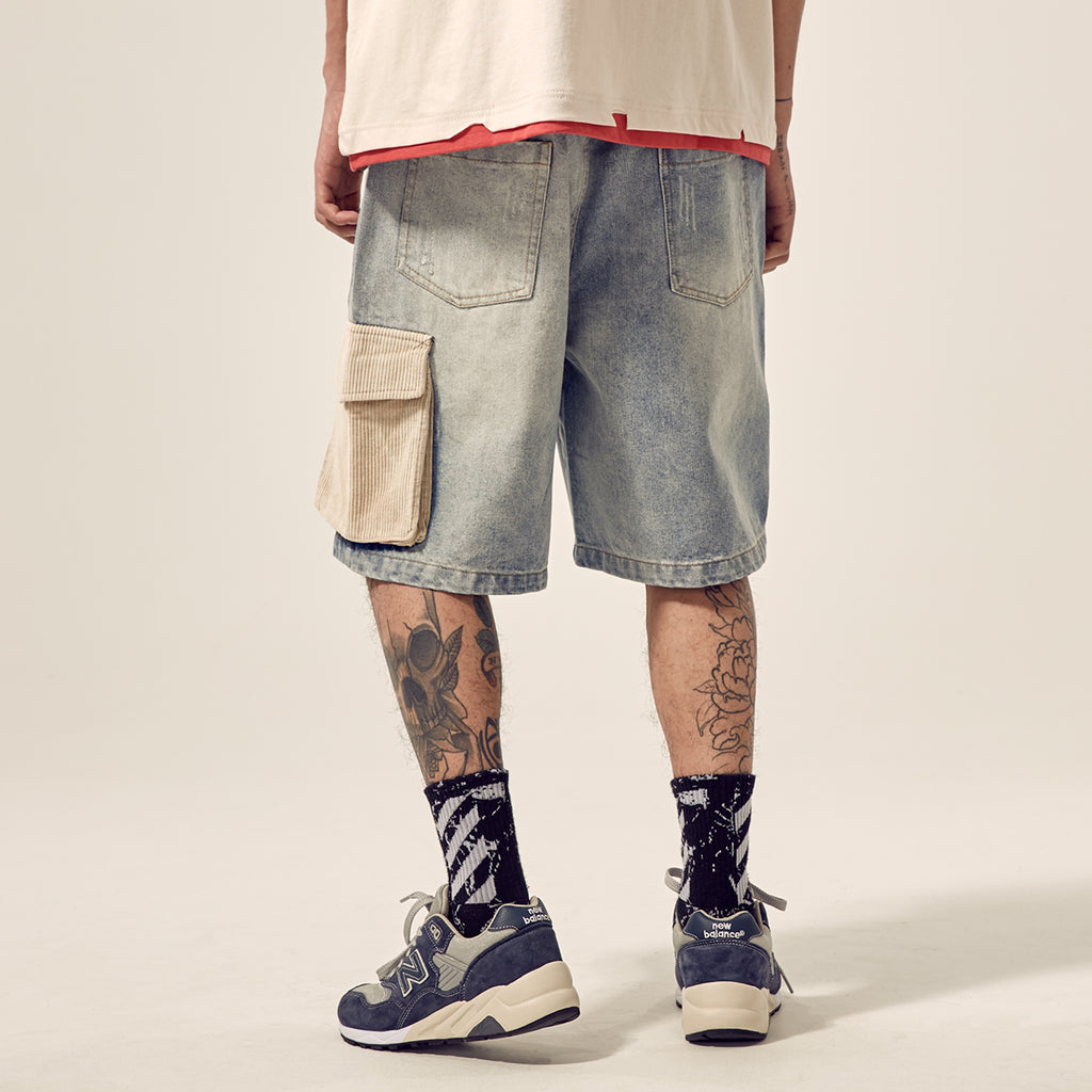 Men's distressed stitching loose denim shorts