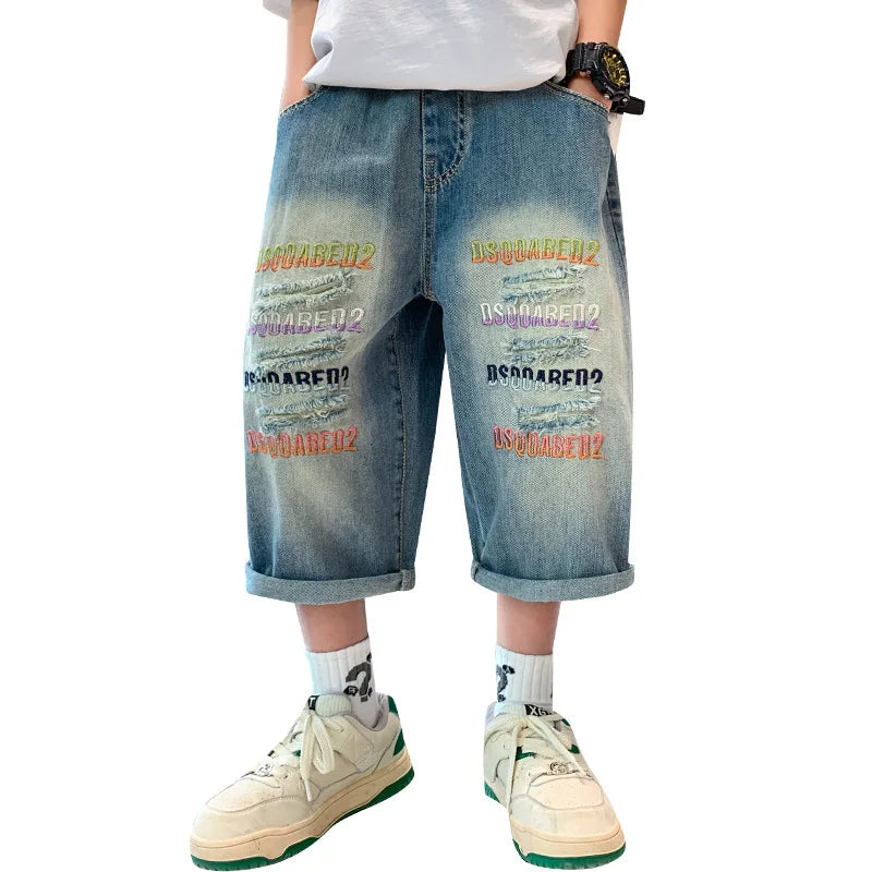 Kids Denim Shorts Teen Boys Casual Knee-Length Jeans Teenage Child Blue Denim With Letter Embroidery Trousers Toddler Ages 4-14Y