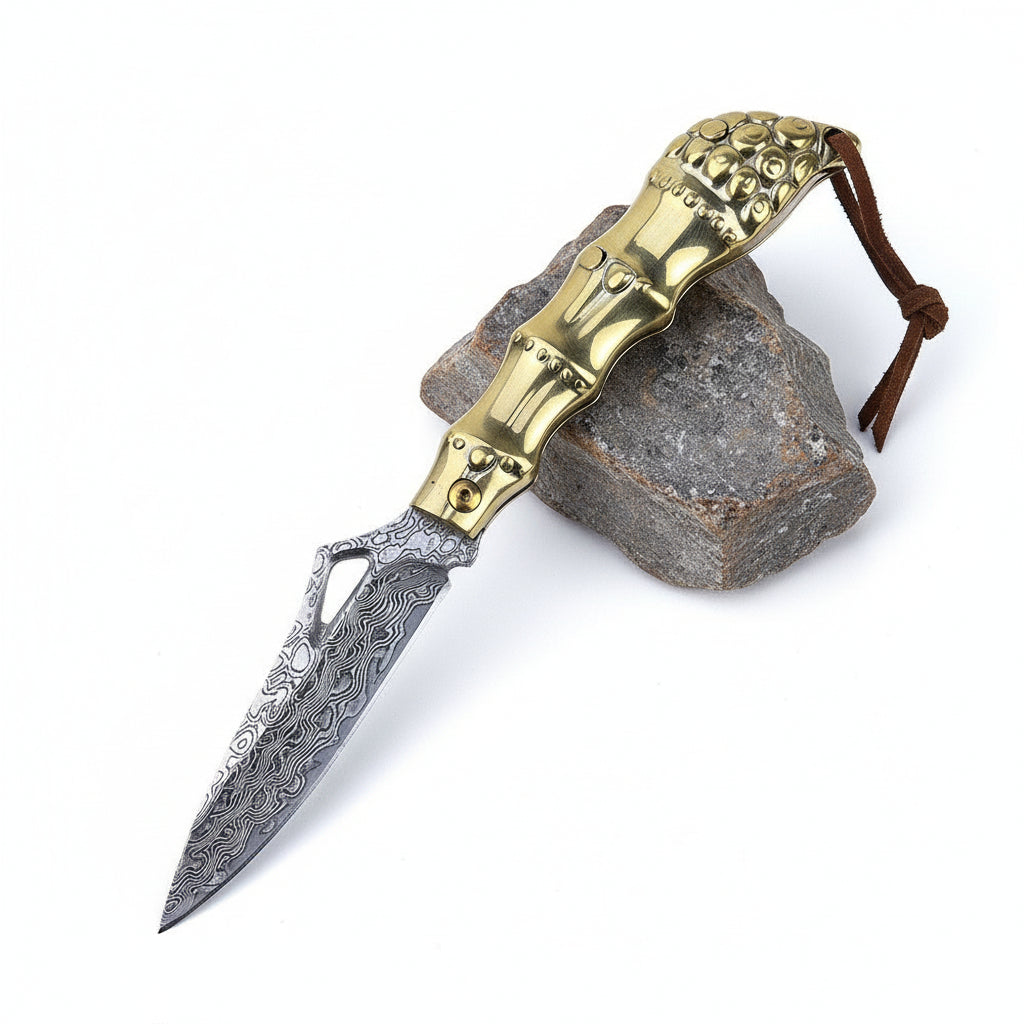 Golden Kylin Damascus Folding Knife – Brass Handle EDC Knife