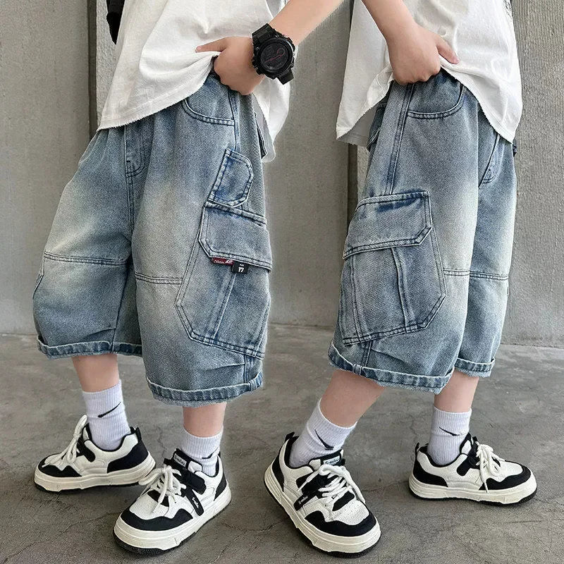 Boys Summer Fashion Ripped Denim Shorts 5-14 Years Kids Cool Big Pocket Cargo Pants Teen Casual Loose Knee-Length Sweatpants