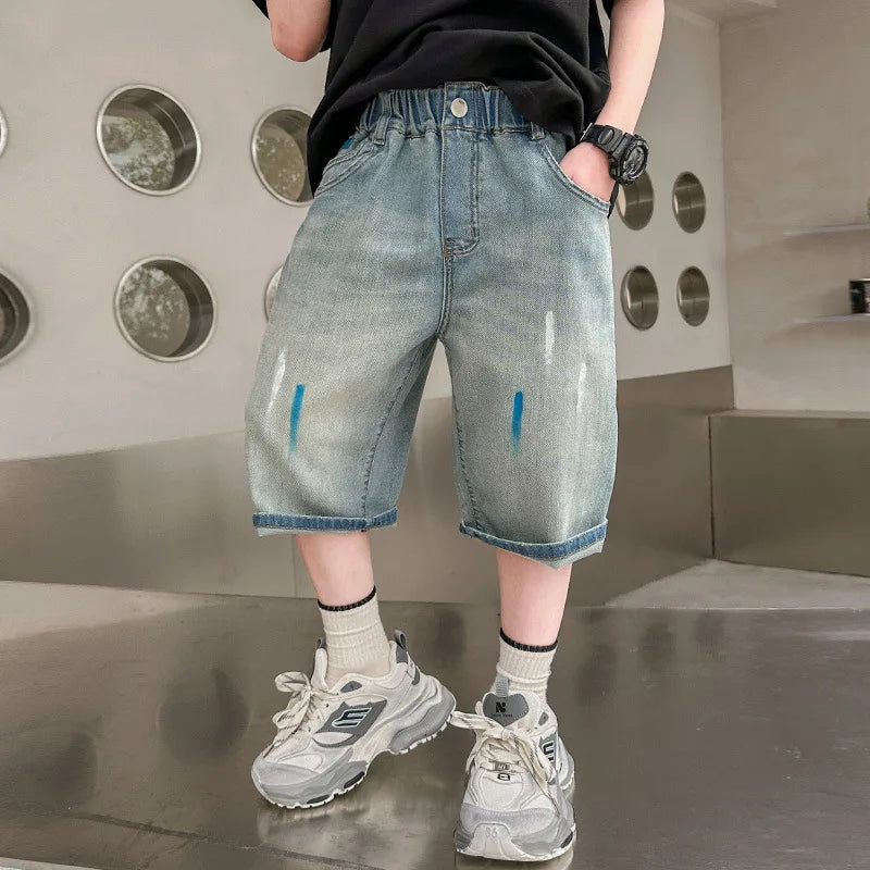 Boys Retro Gothic Denim Shorts For Boys Casual Knee Length short Jeans Teens Child Graffiti Print Summer Shorts with Drawings