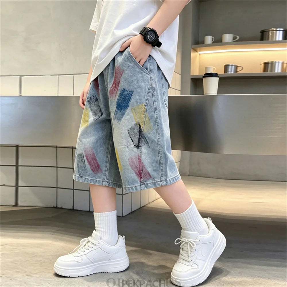 Summer Children Graffiti Print Baggy Denim Shorts for Teen Boys Streetwear Bottoms Kids Casual Knee Length Shorts With Drawings