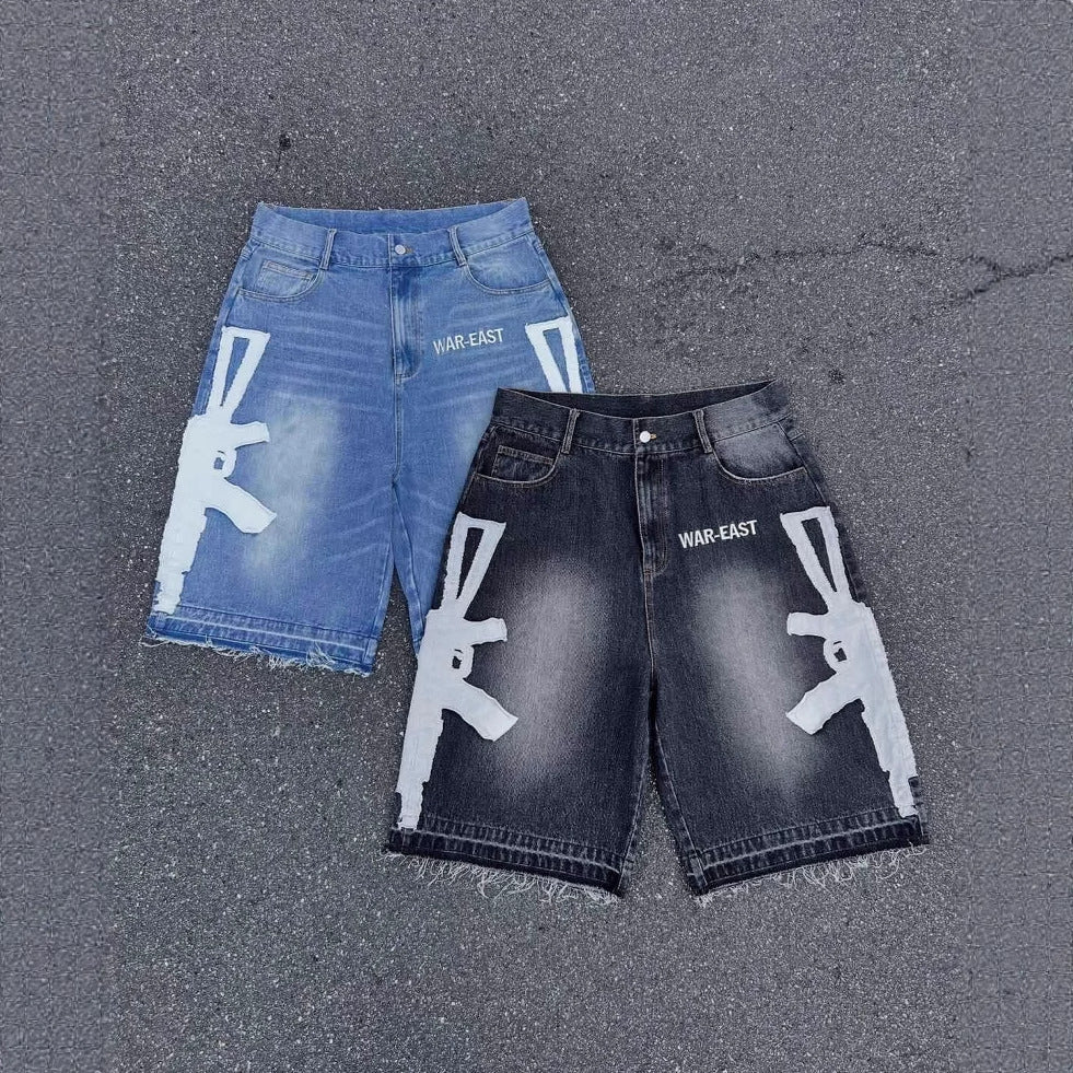 Retro Washed AK Letter Print Loose Denim Shorts